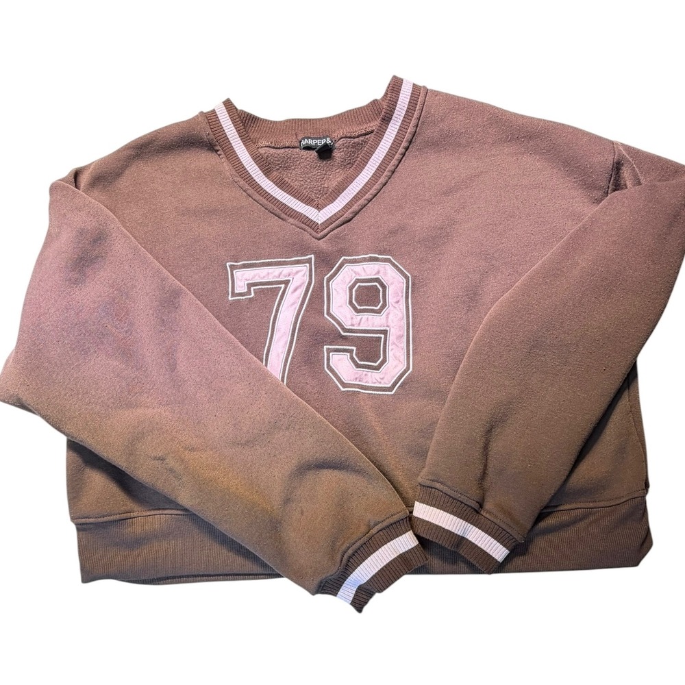Harper & Ivy Kids Brown Varsity Cropped Sweatshirt Pink‎ 79 V-Neck Pullover Med